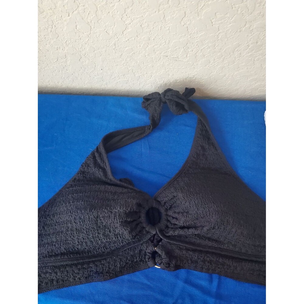 Lot of 2 Halter Bikini Tops 2XL Black Crochet O-Ring White Ribbed Pleated Swim - Picture 5 of 6